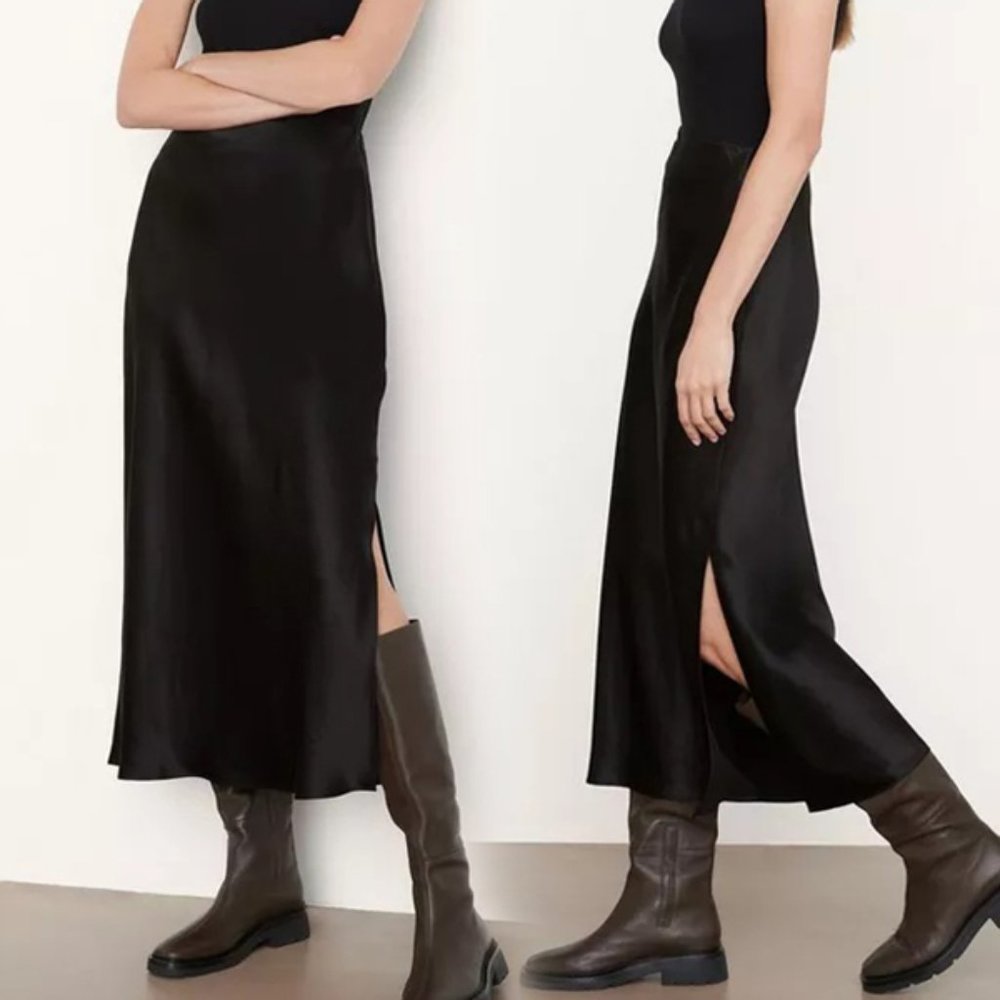 NWT $325 VINCE Side Slit Slip Satin Midi Maxi Skirt in Black